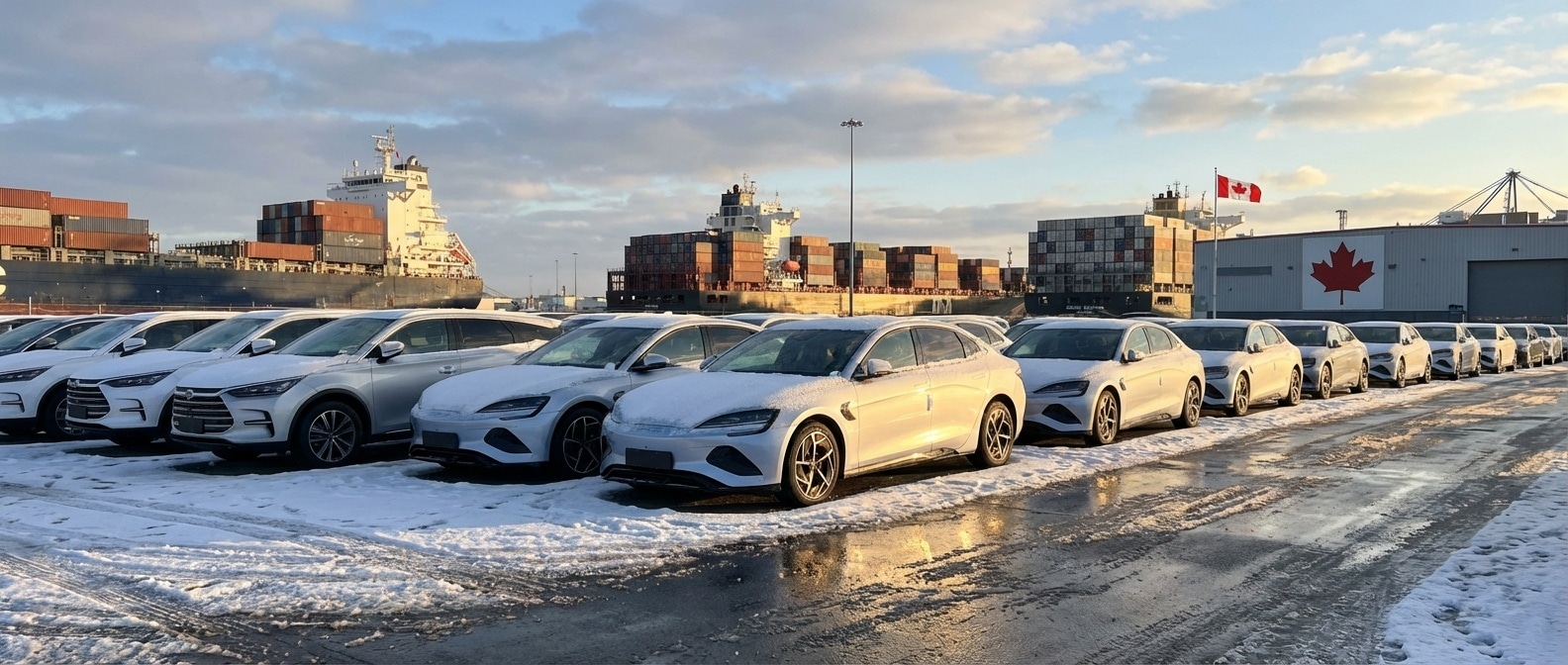 캐나다 항구에 도착한 중국산 전기차들