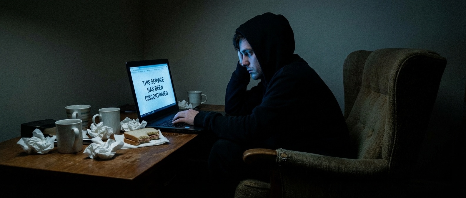 어둑한 방에서 서비스 종료 화면만 바라보는 사용자