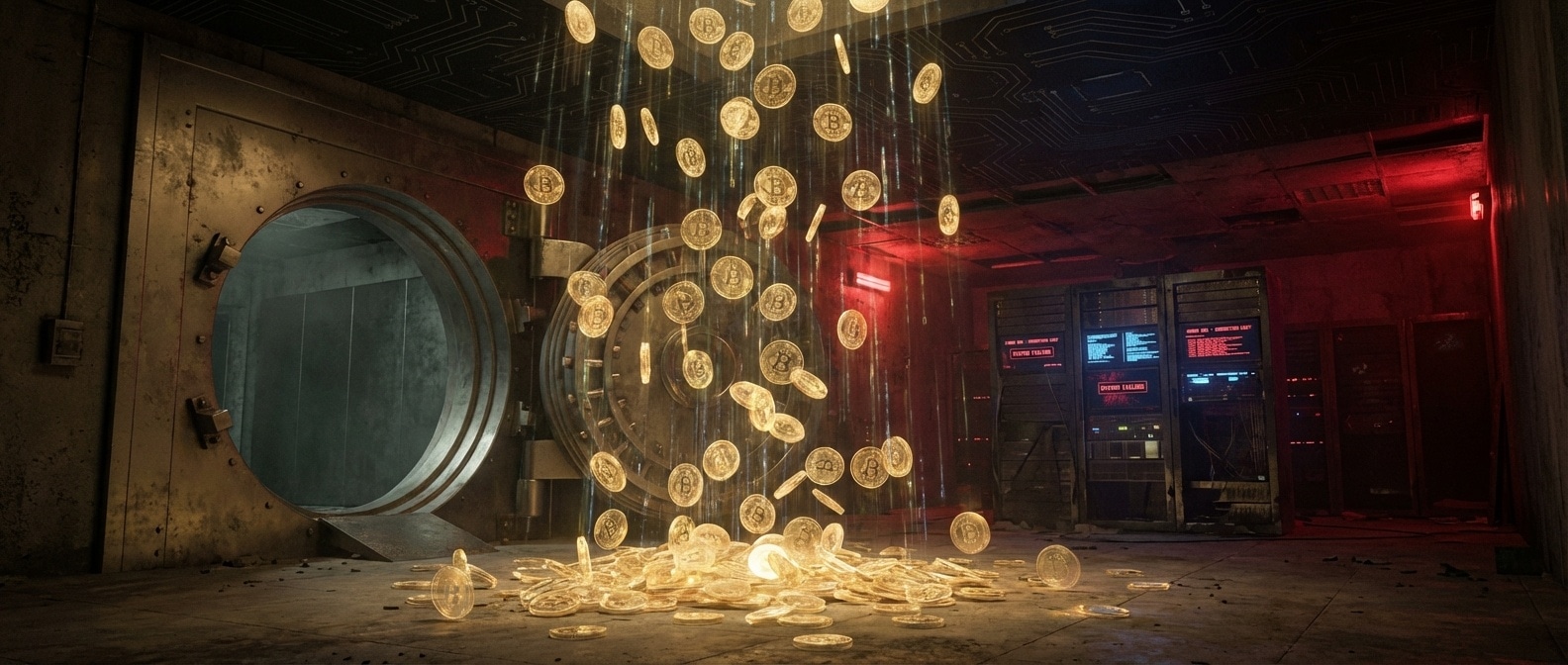 하늘에서 쏟아지는 유령 비트코인 — 빈 금고로 떨어지는 투명한 코인들