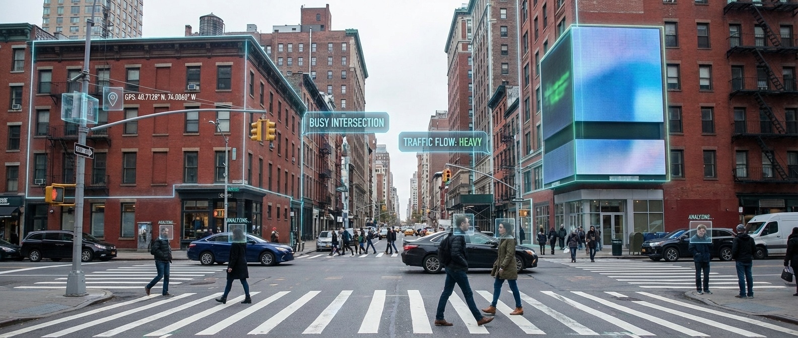 거리 사진 위에 AI가 분석한 GPS 좌표와 건물 인식 오버레이