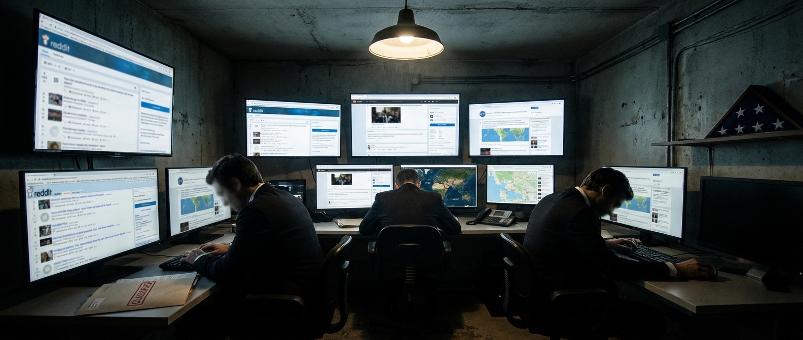 소셜 미디어 피드가 가득한 모니터를 감시하는 어둠 속의 정부 기관