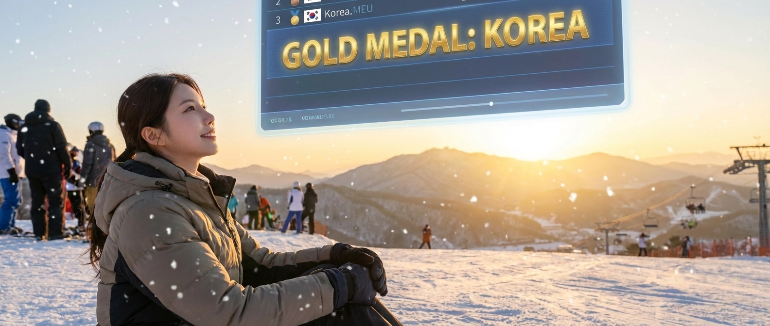 눈 덮인 산 위에서 금메달 스코어보드를 바라보는 루나
