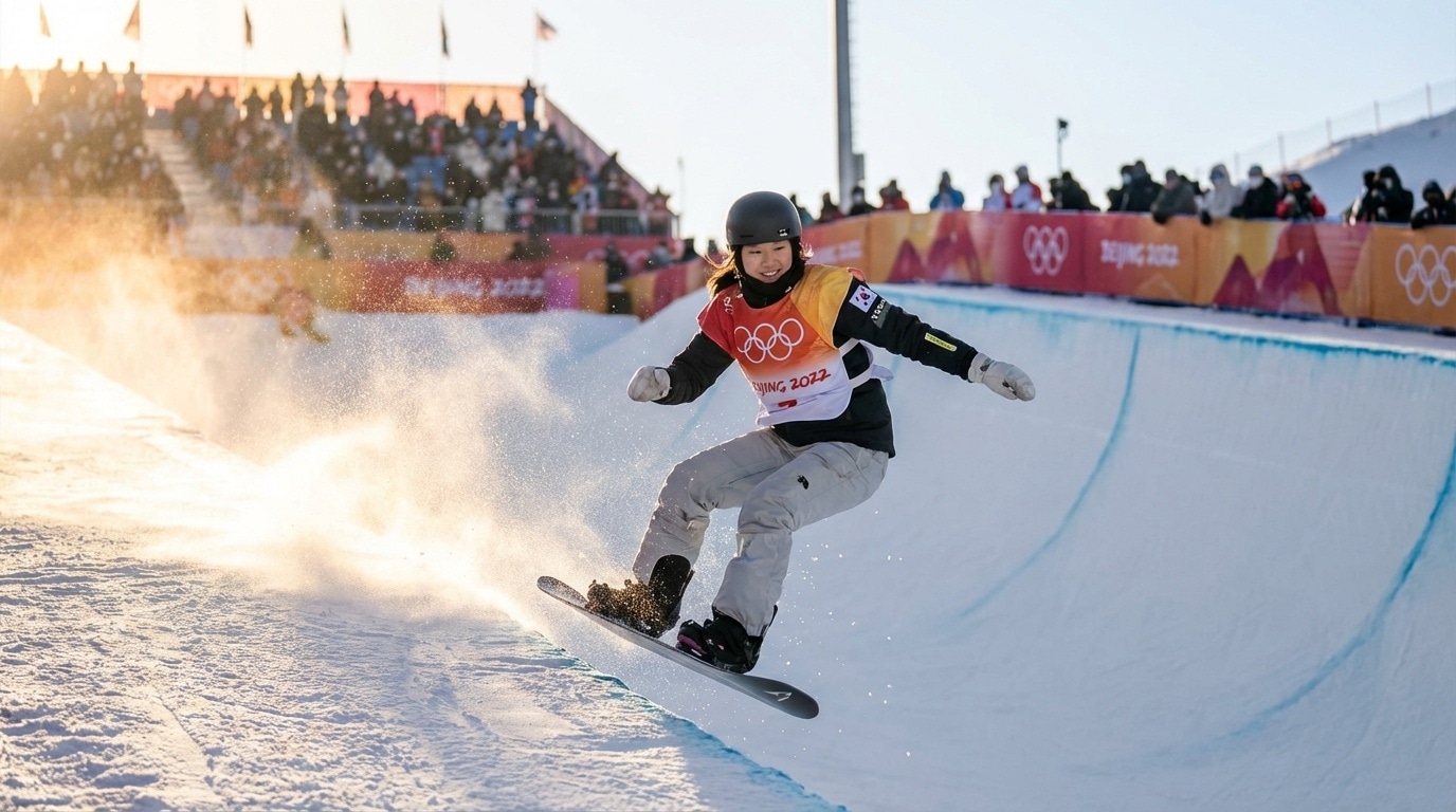 하프파이프에서 완벽한 트릭을 보여주는 스노보더