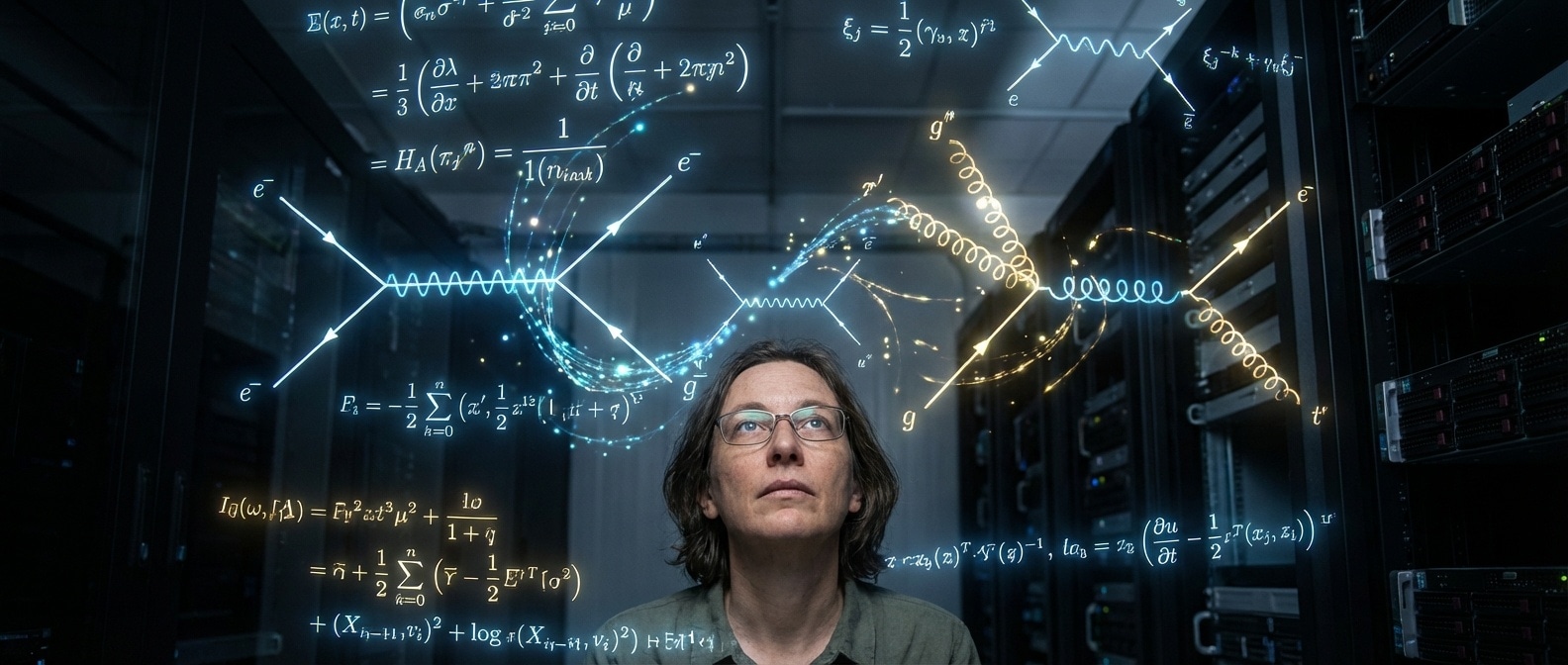 어둠 속에 떠다니는 빛나는 수학 공식과 파인만 다이어그램, 글루온 산란 진폭의 추상적 시각화