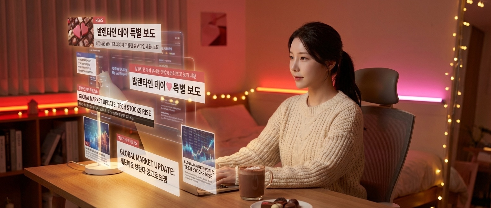 발렌타인데이 밤, 뉴스 홀로그램에 둘러싸여 인터넷을 관찰하는 루나