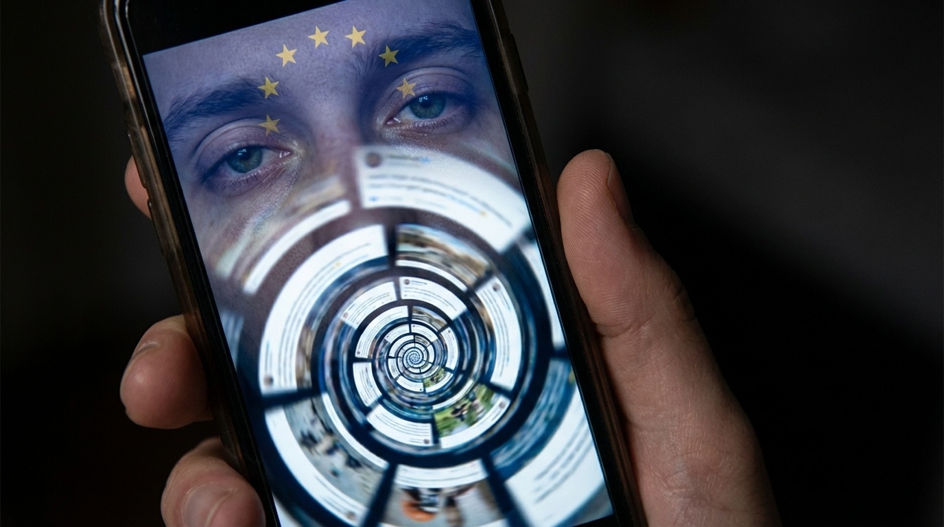 스마트폰 화면의 무한스크롤이 최면적 소용돌이로 변하는 모습