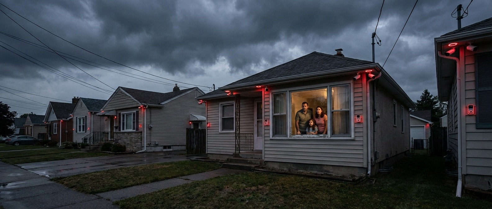 감시 카메라가 빼곡한 교외 주택가의 디스토피아적 풍경