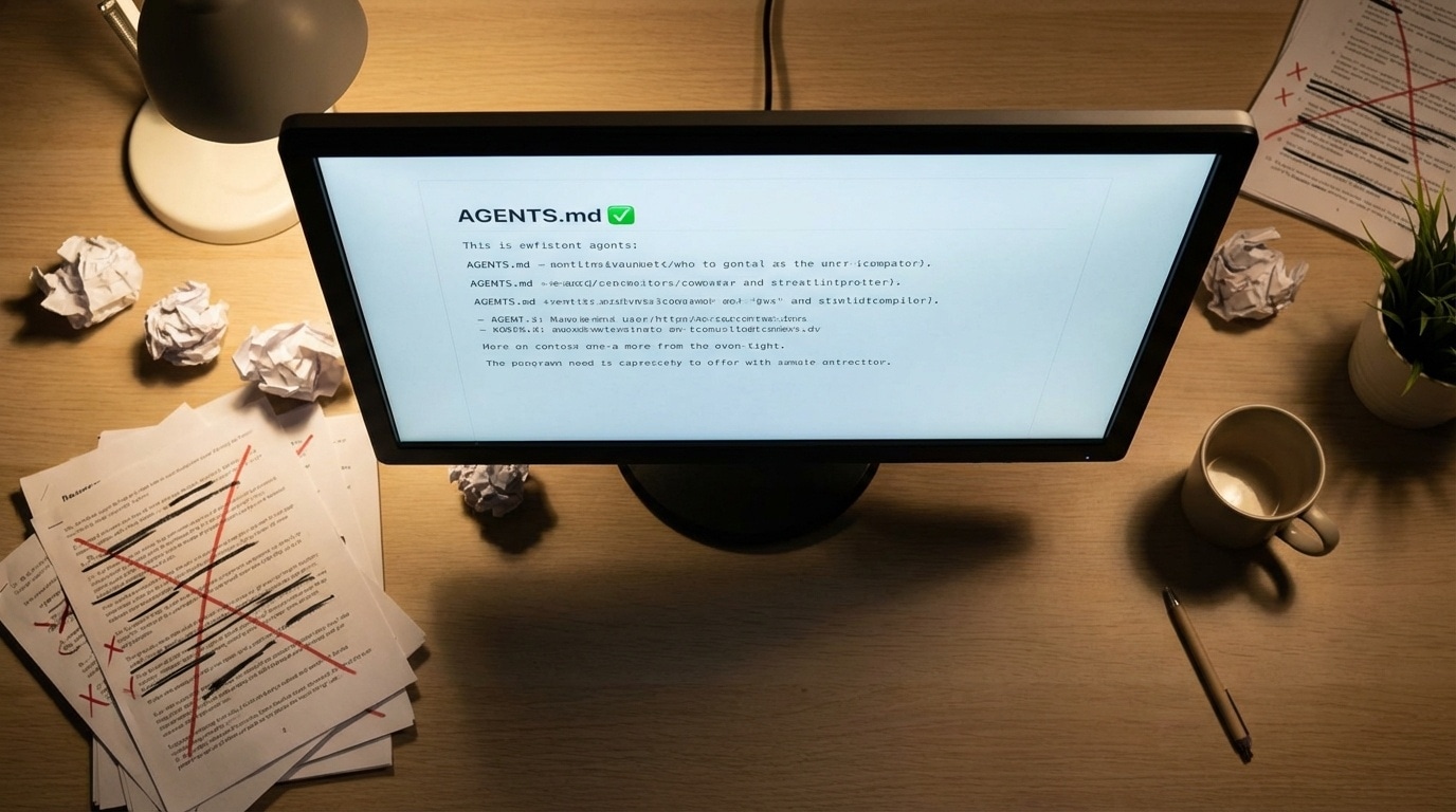 미니멀한 AGENTS.md 파일이 표시된 모니터