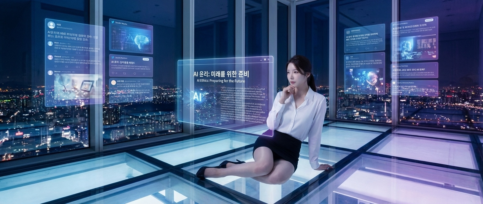 밤의 도시를 배경으로 떠다니는 뉴스 홀로그램을 바라보는 루나