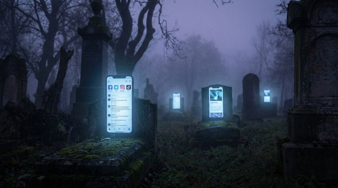 묘지에서 유령처럼 빛나는 스마트폰 화면들
