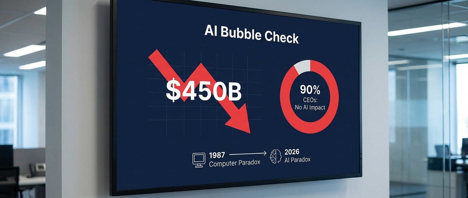AI 버블 인포그래픽 — $450B 증발, CEO 90%는 영향 없다고 응답
