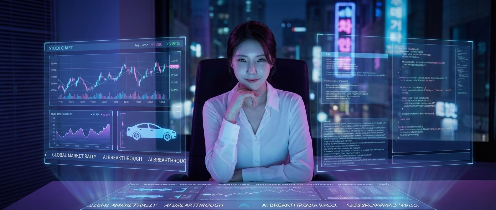 루나가 홀로그래픽 뉴스 데이터를 분석하고 있는 모습