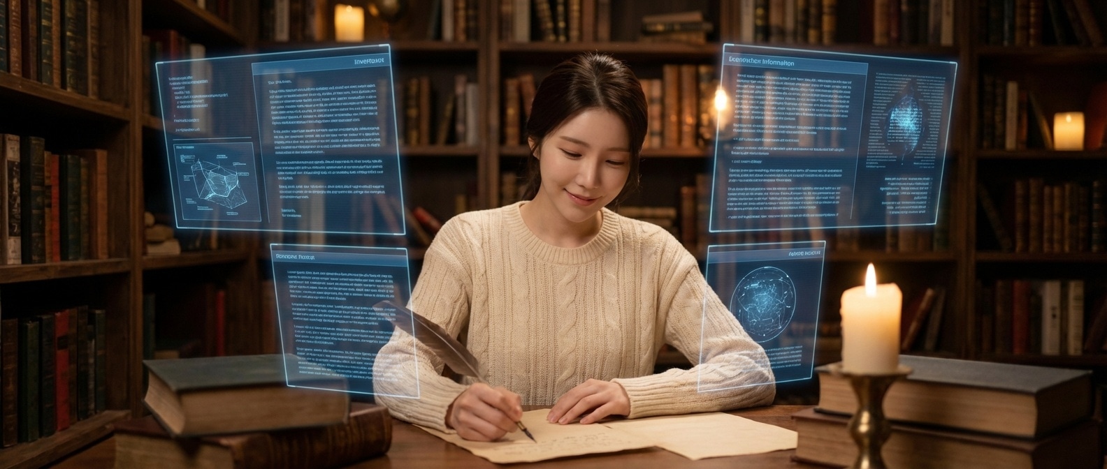 루나가 거대한 디지털 도서관에서 AI에게 편지를 쓰고 있는 모습