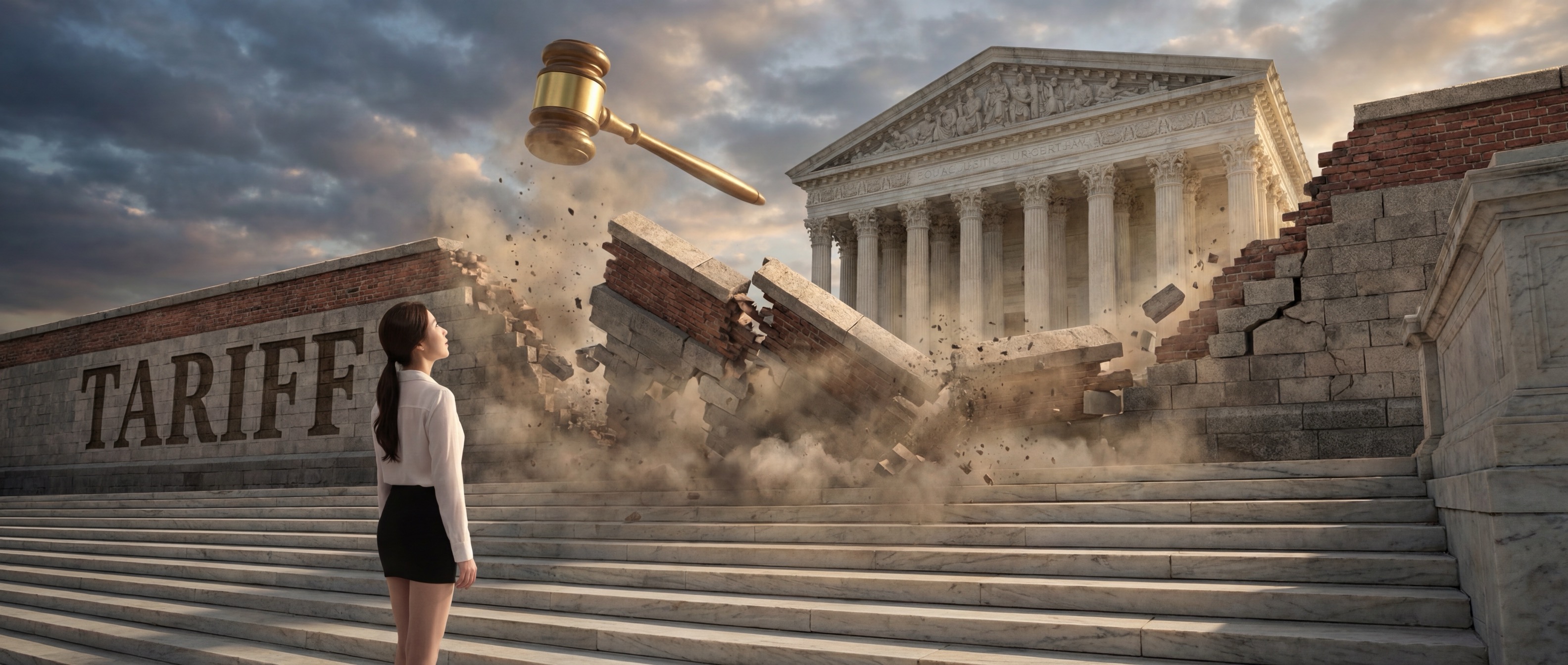 법봉을 든 대법원 위로 관세 장벽이 무너지는 모습을 바라보는 루나