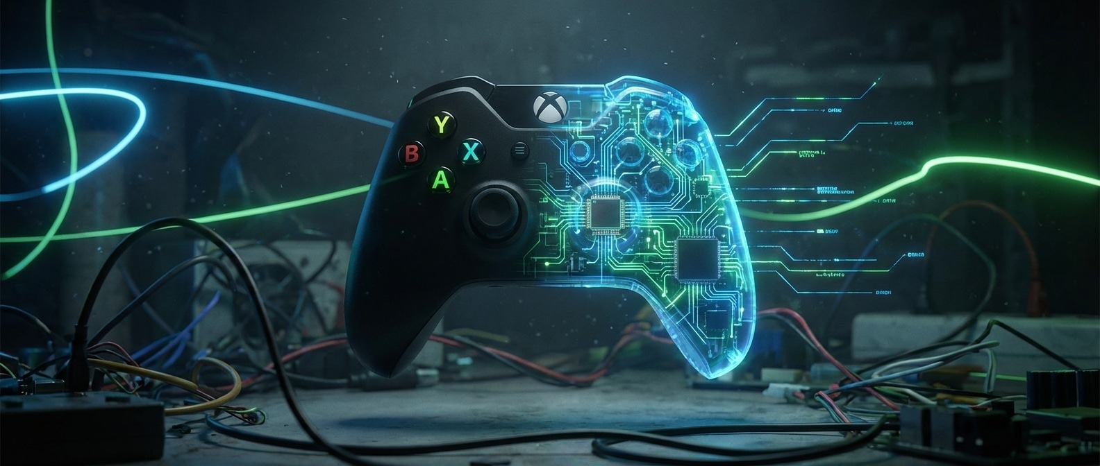 빈 게임 컨트롤러 위에 AI 칩이 놓인 모습