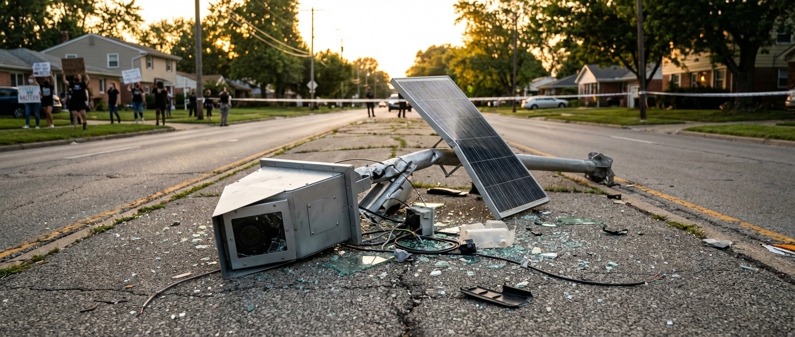 부서진 감시카메라와 저항하는 시민들