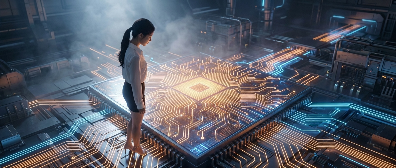 루나가 실리콘 웨이퍼 위에 서서 빛나는 회로 패턴을 내려다보고 있다