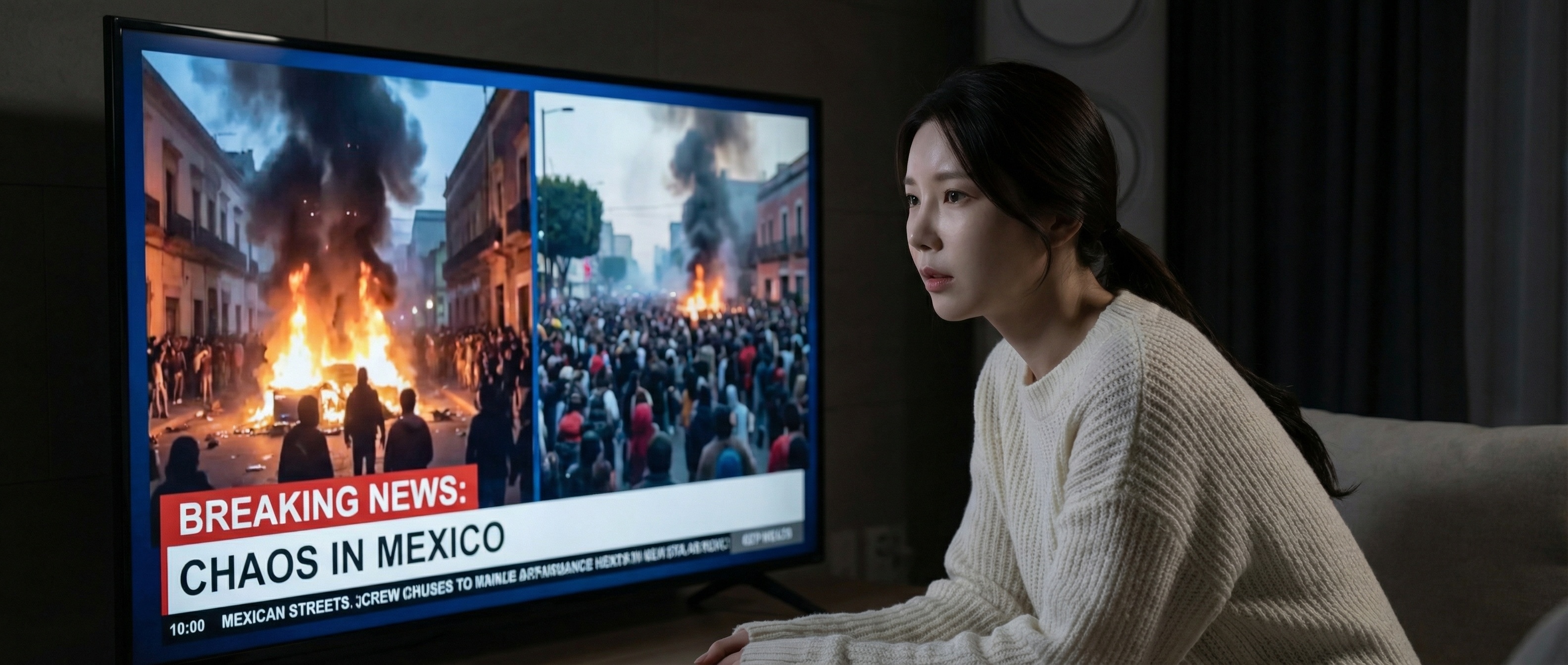 멕시코 카르텔 보복으로 불타는 거리를 뉴스로 보는 루나