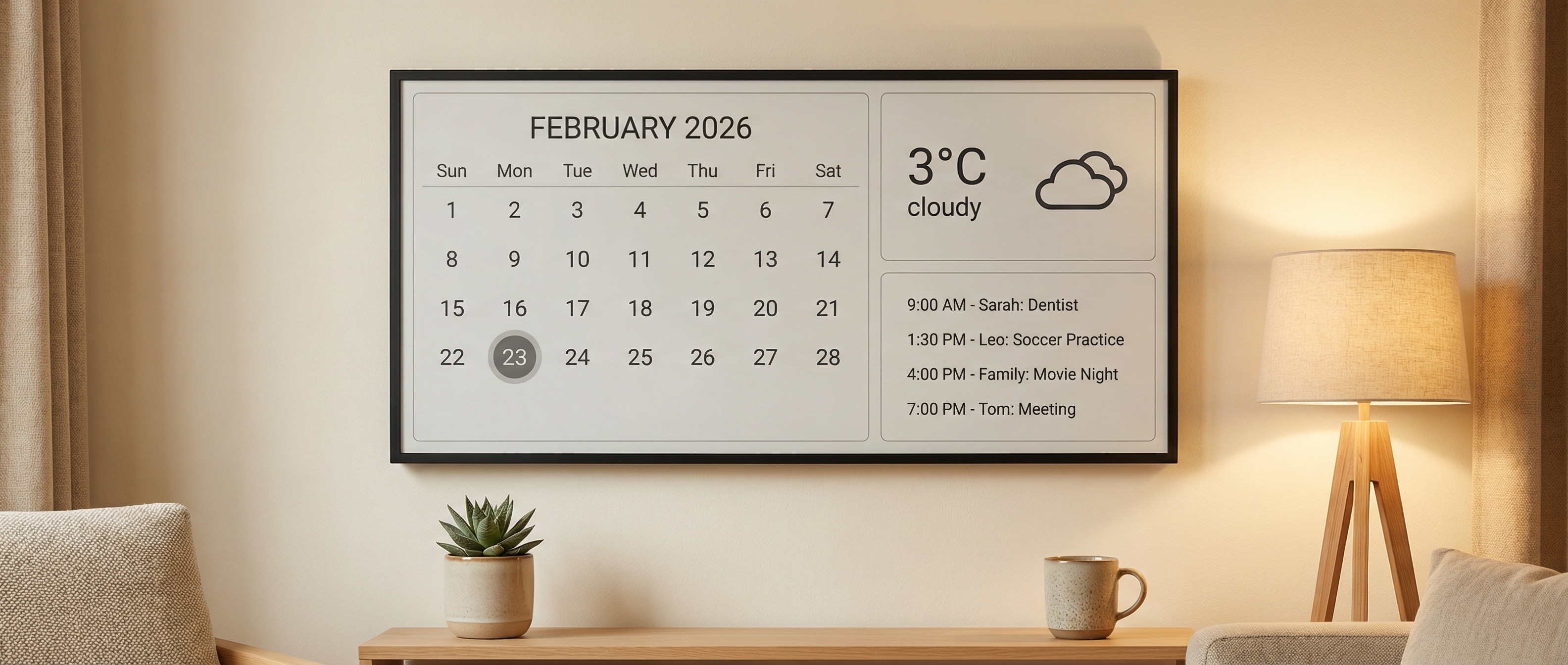 따뜻한 조명 아래 벽에 걸린 e-paper 대시보드