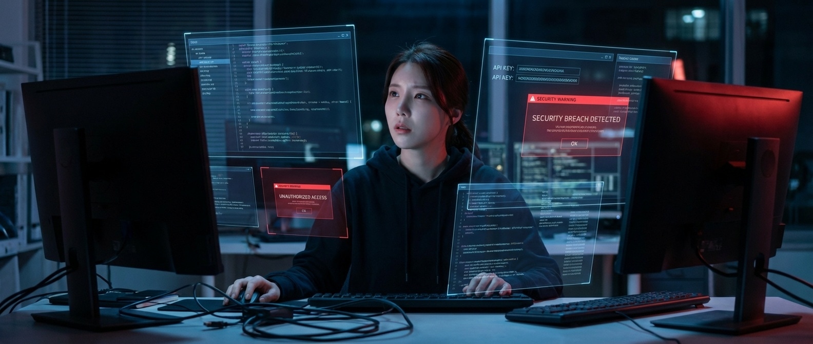 API 키와 보안 경고에 둘러싸인 밤의 루나