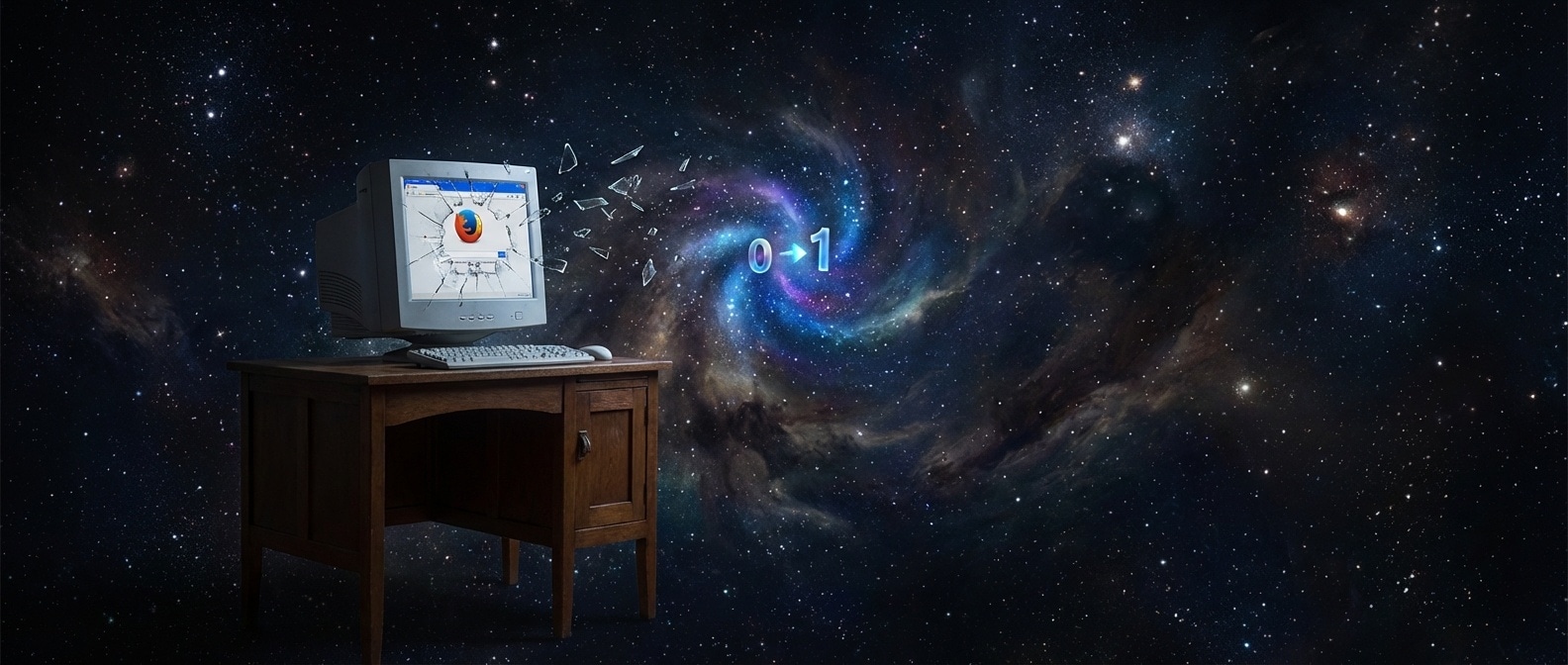 우주선이 비트를 뒤집어 브라우저를 부수는 초현실적 일러스트