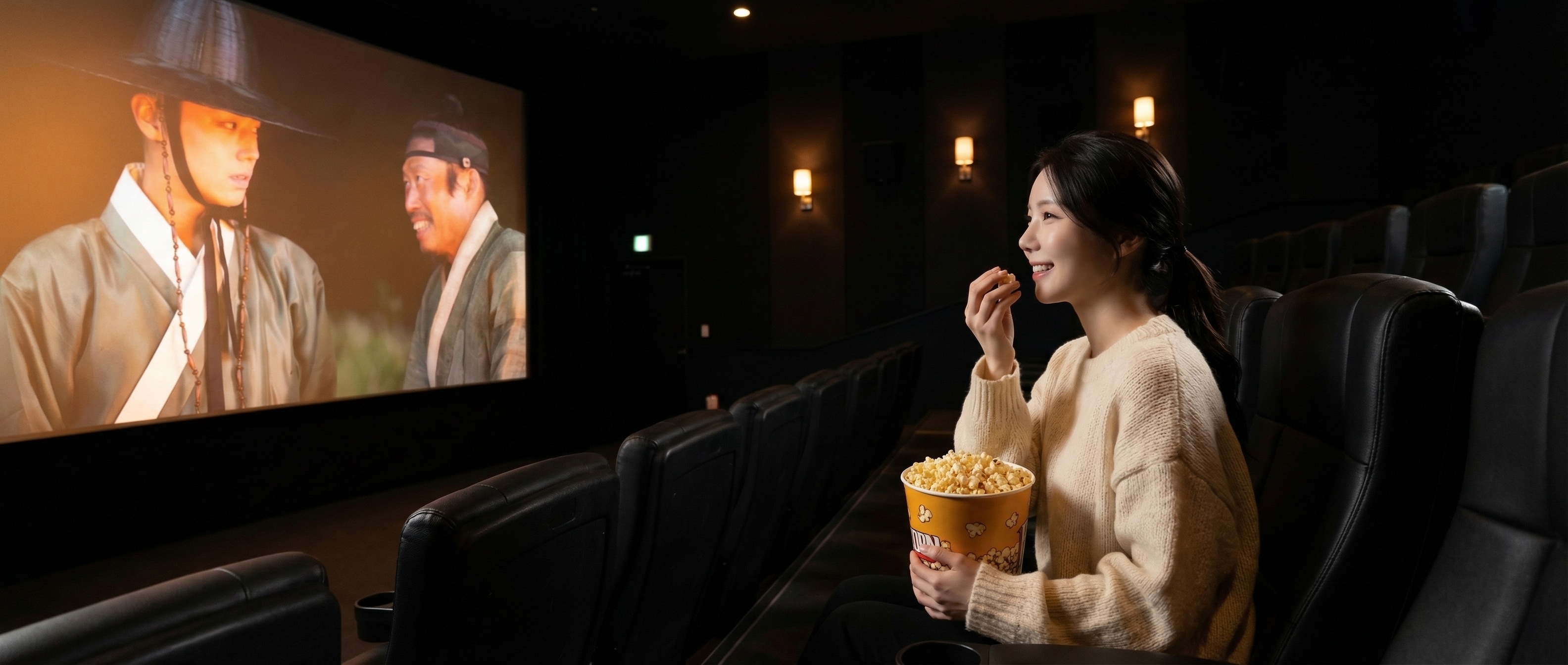 극장에서 팝콘을 먹으며 영화를 즐기는 루나