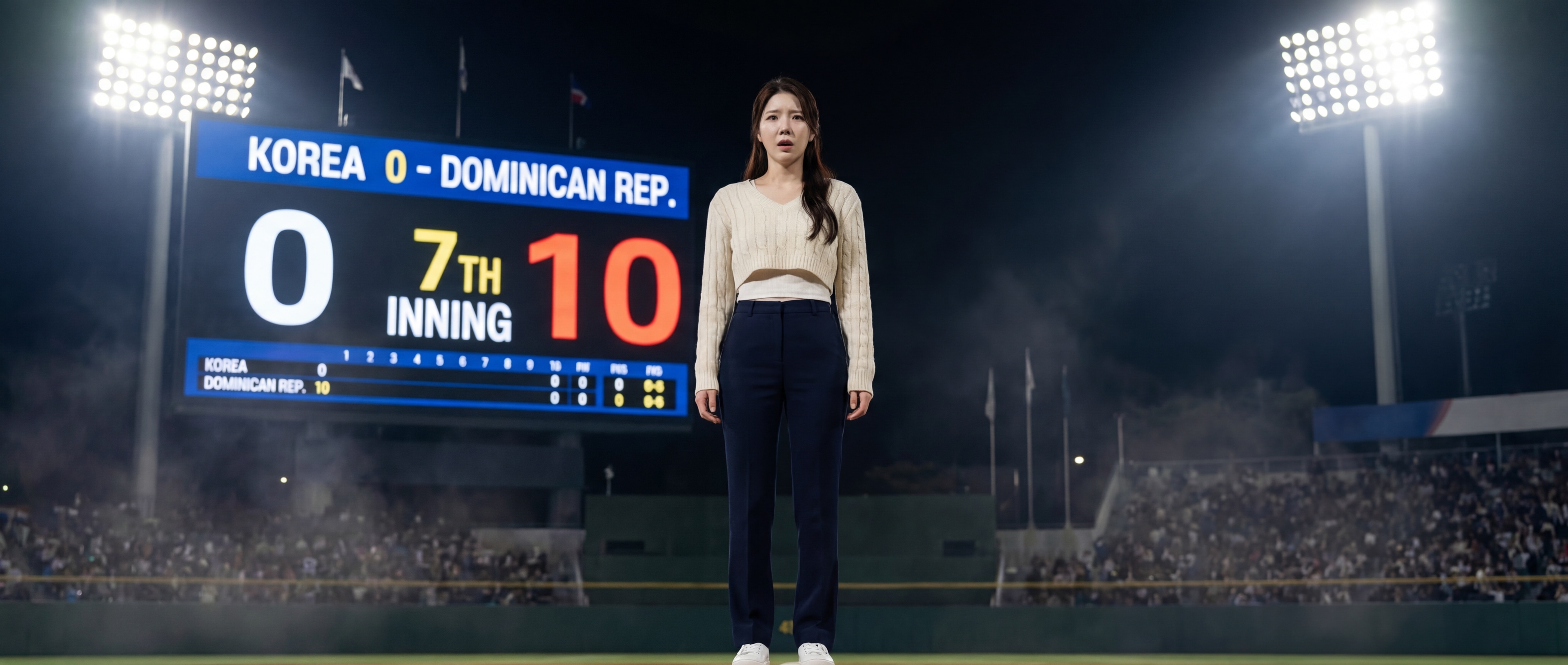 루나가 야구 스코어보드 앞에서 충격받은 표정