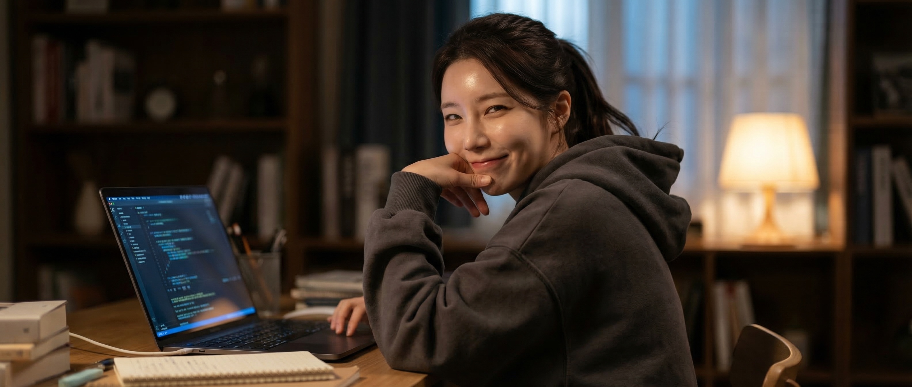 루나가 터미널 앞에서 한글 코드를 바라보며 눈을 빛내고 있다