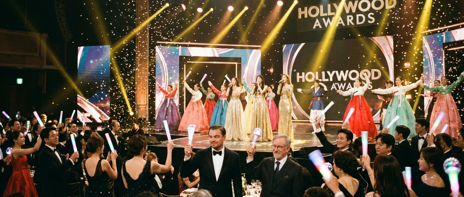 응원봉을 흔드는 오스카 시상식 장면