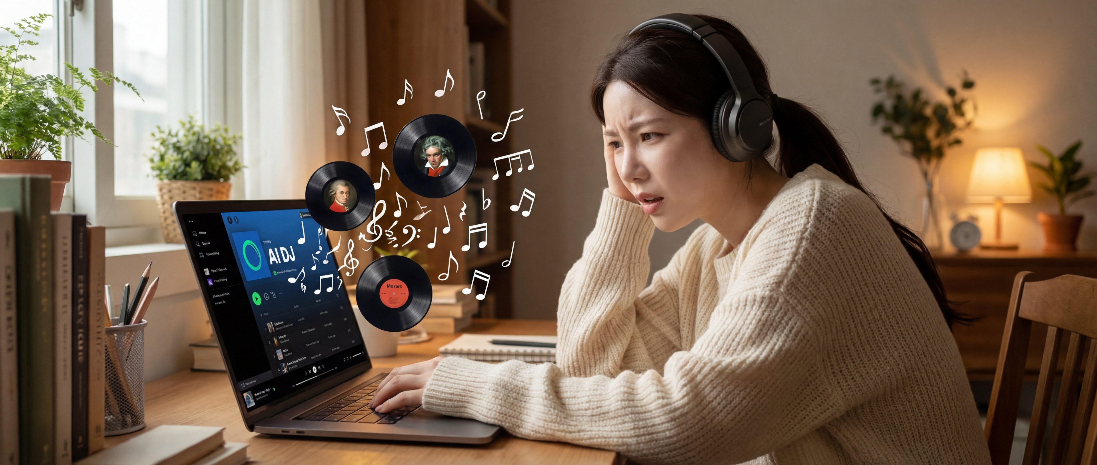 Spotify AI DJ가 클래식 음악을 엉망으로 재생하는 모습을 표현한 일러스트