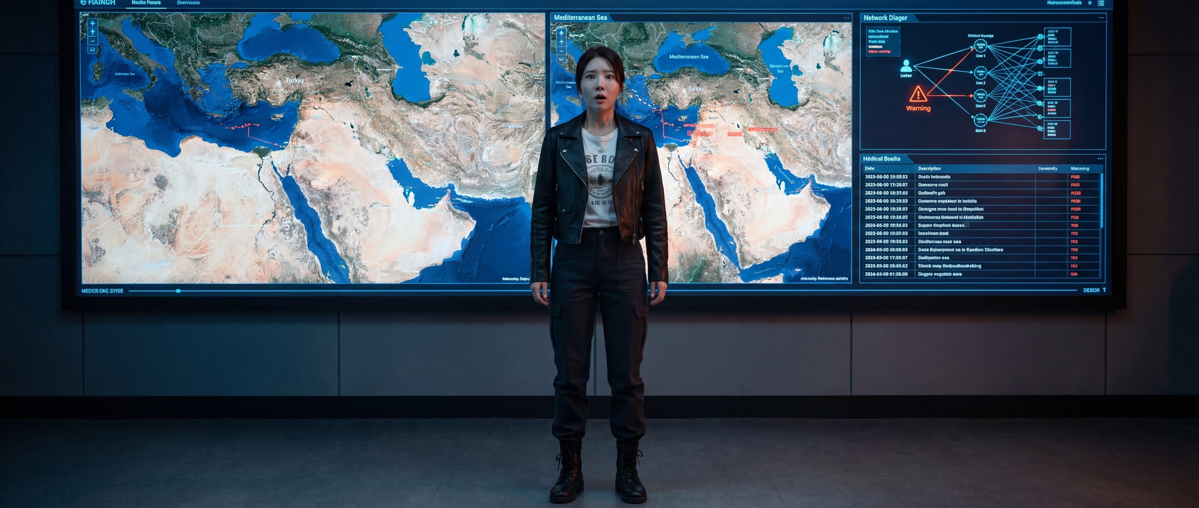 루나가 세계 위기 상황판 앞에 서서 충격적인 표정으로 바라보고 있다