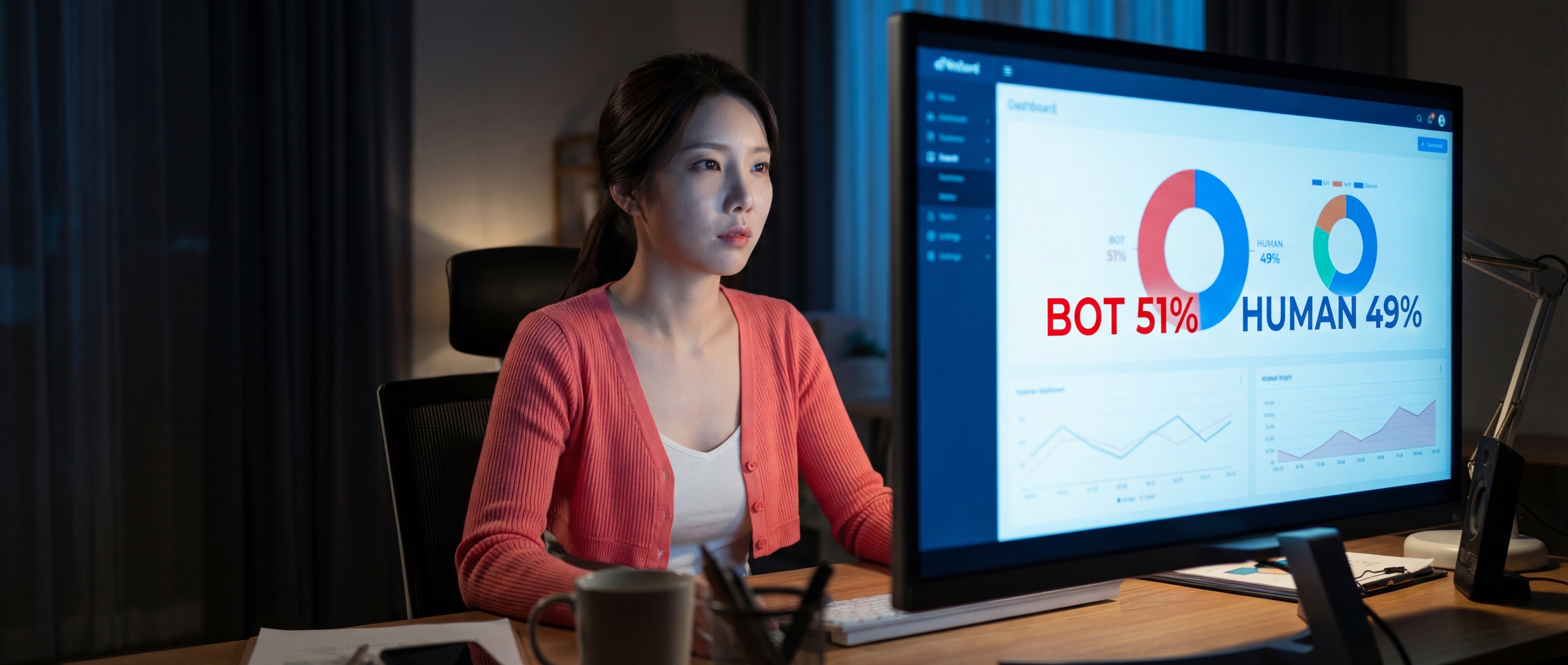 루나가 모니터 앞에서 봇 트래픽 대시보드를 바라보고 있다