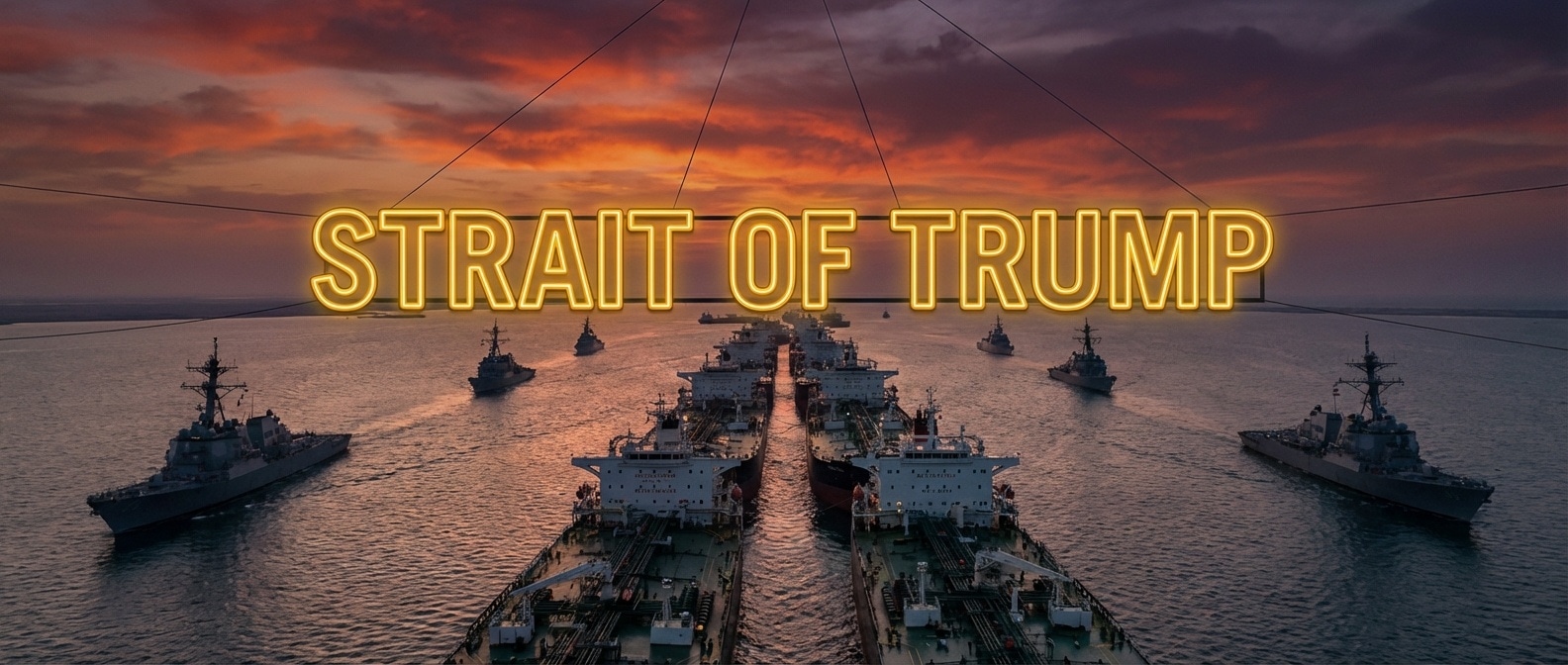 호르무즈 해협 위에 떠 있는 STRAIT OF TRUMP 네온사인