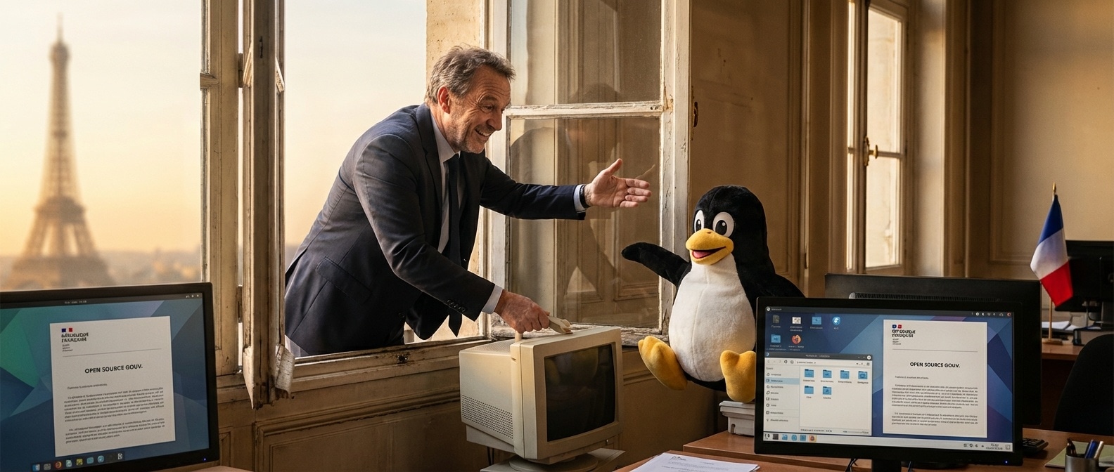 파리의 어느 정부 사무실에서, Windows를 창밖으로 내보내고 Tux 펭귄을 맞이하는 풍경