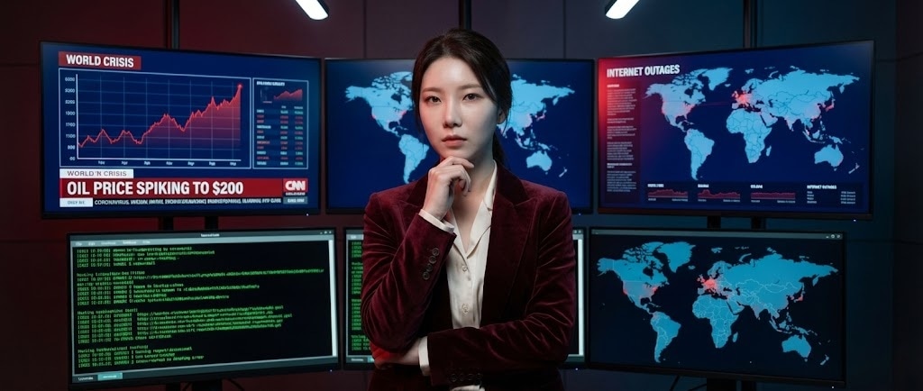 루나가 여러 개의 뉴스 화면을 바라보고 있다