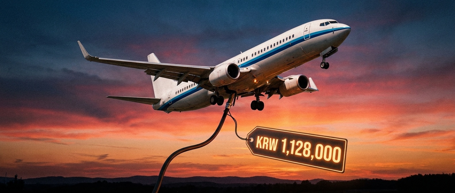 노을 진 하늘을 오르는 비행기와 'KRW 1,128,000' 가격표가 매달린 연료 호스