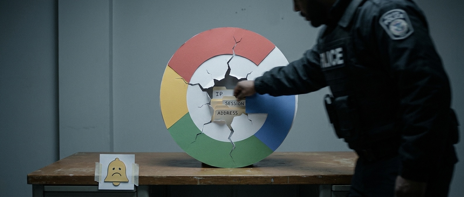 크랙된 Google 로고에서 빠져나오는 개인정보 폴더, ICE 그림자가 손을 뻗는 모습