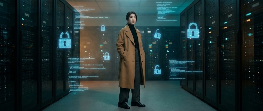 데이터센터에 선 루나, 부서지는 자물쇠 아이콘들