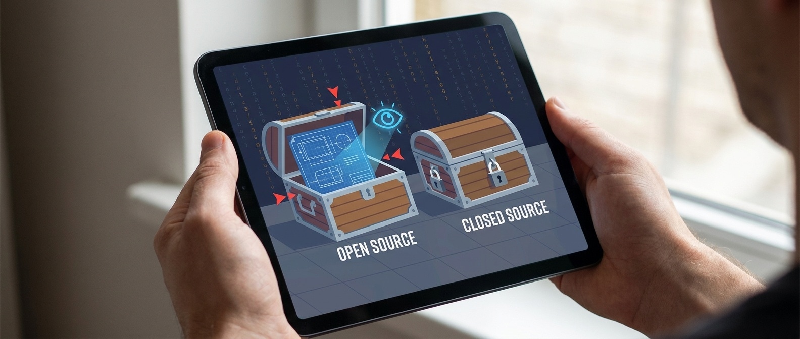 열린 오픈소스 상자와 잠긴 클로즈드소스 상자, 그 사이를 스캔하는 AI의 눈
