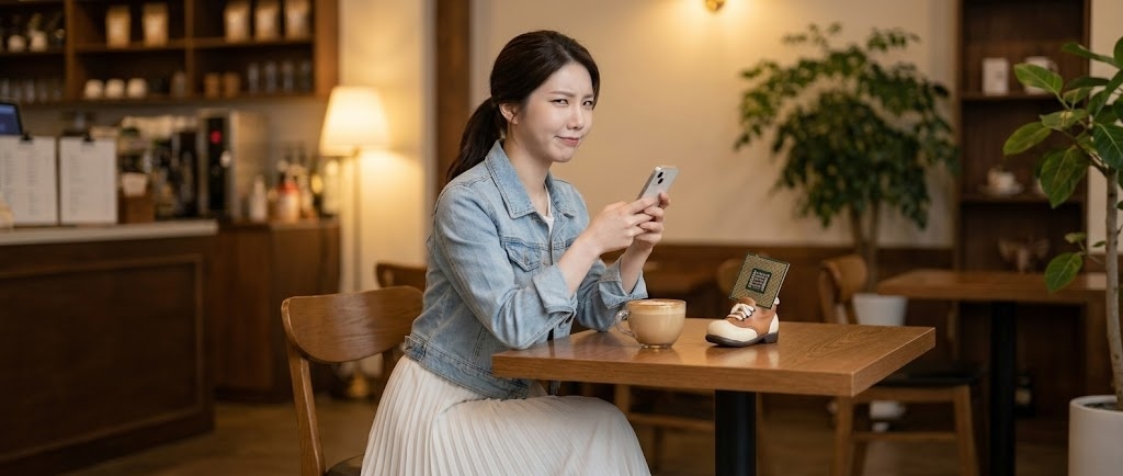 카페에서 폰을 보며 미소 짓는 루나