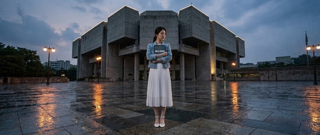 비 오는 광장에서 DECLINED 태블릿을 안고 서 있는 루나