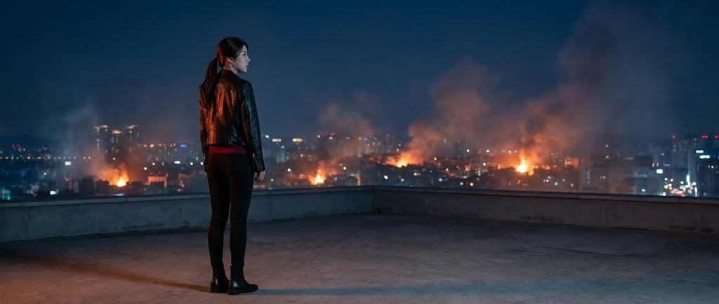 불타는 도시의 스카이라인을 바라보는 루나