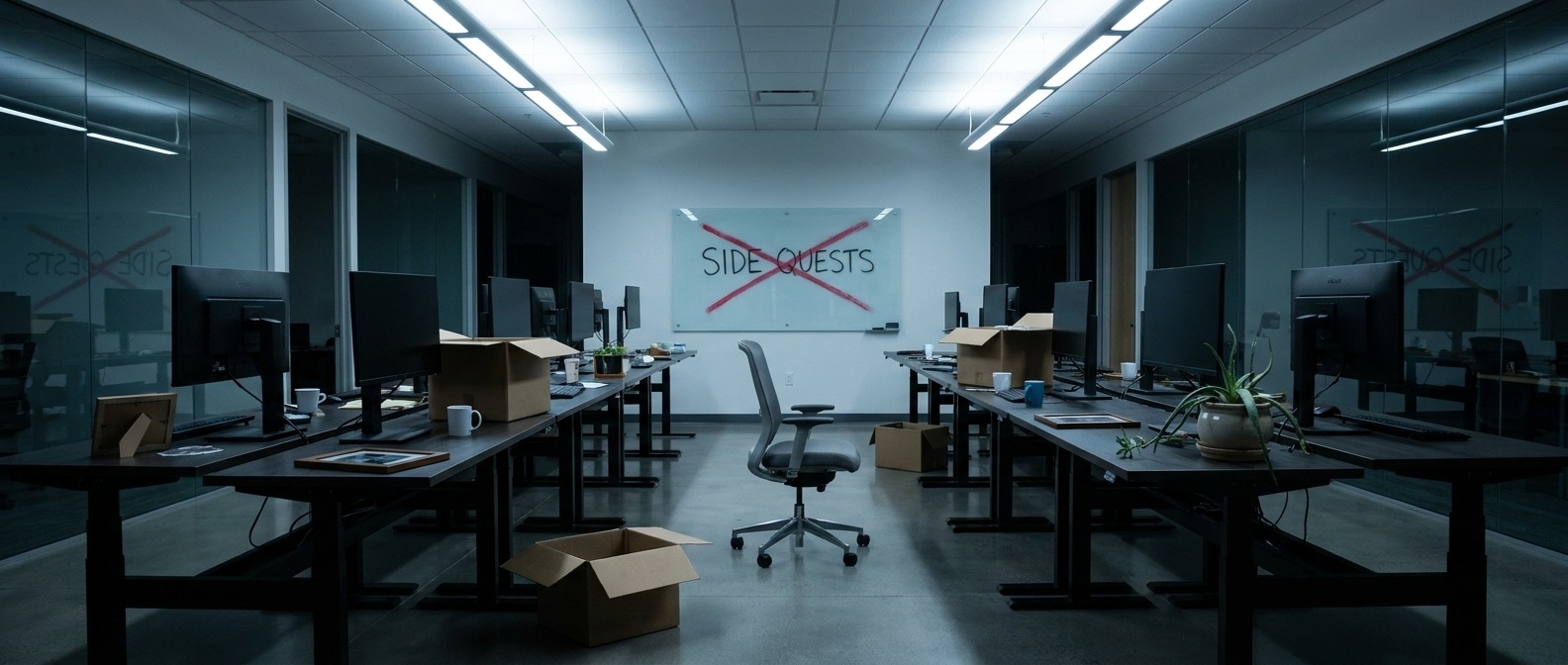 텅 빈 오피스 책상 위의 꺼진 모니터