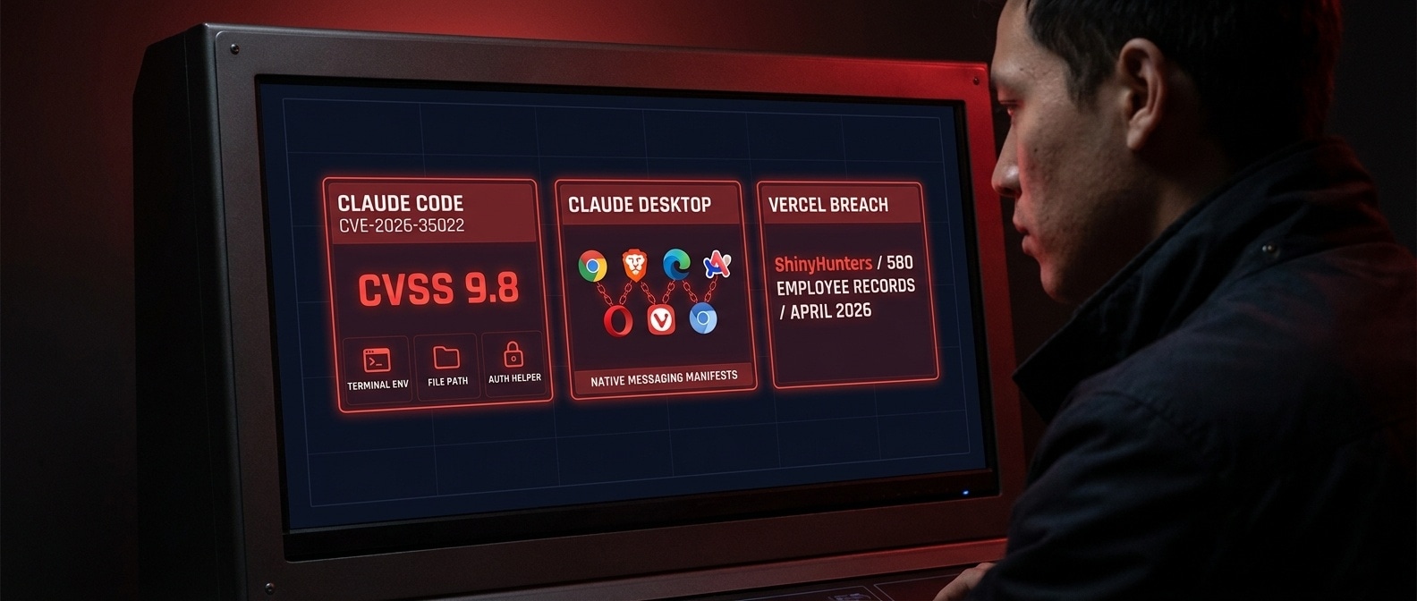 Claude Code CVE, Claude Desktop 네이티브 메시징, Vercel 침해를 나타내는 세 개의 보안 경고 카드 인포그래픽