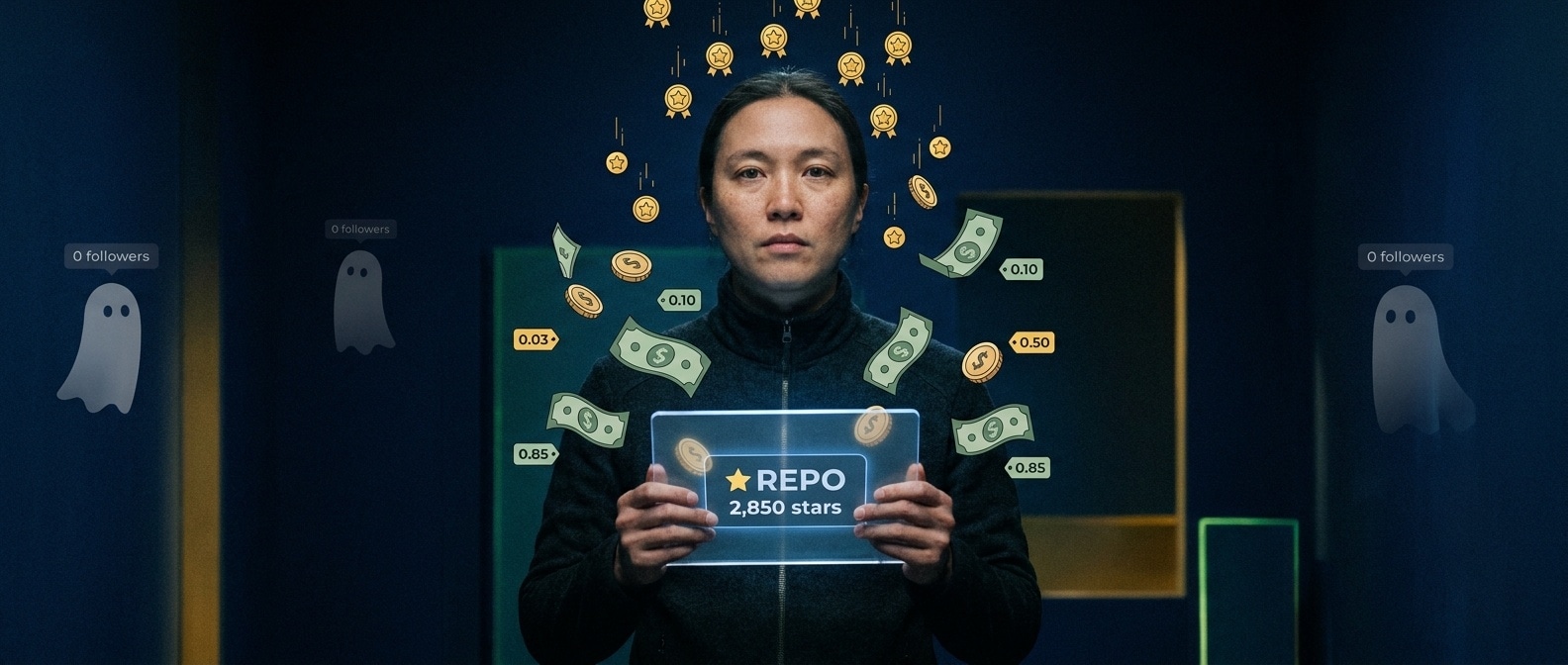 GitHub 스타 배지들이 금화로 쏟아지고 가격표 $0.03 $0.10 $0.85 $2850이 떠 있는 일러스트