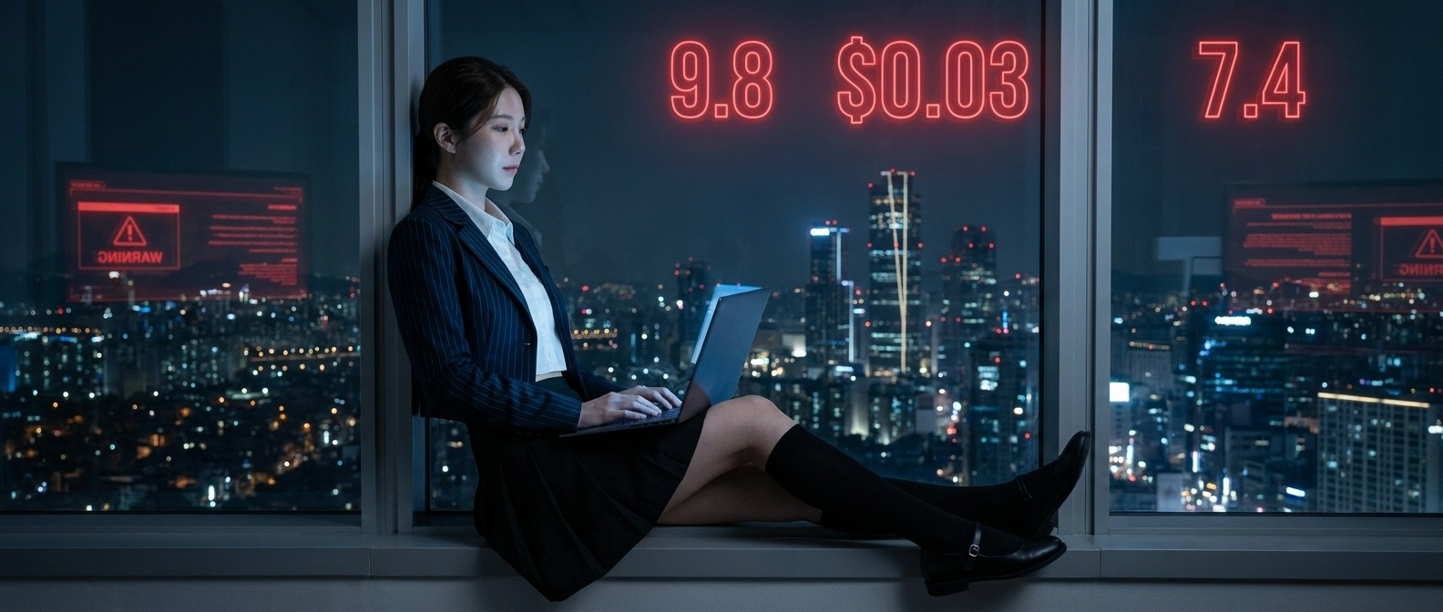 어두운 방 창가에서 노트북을 들여다보는 루나, 배경에 홀로그램 숫자들이 떠 있다