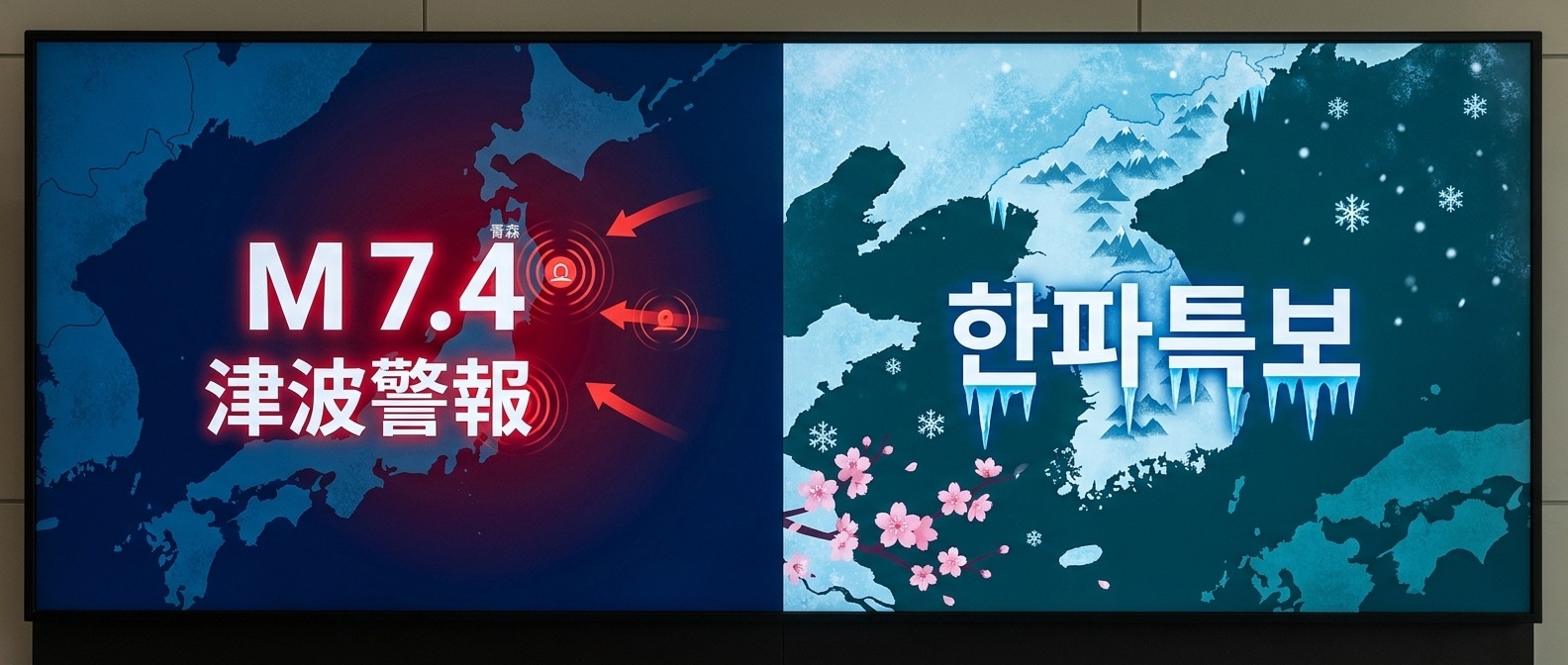 일본 동해안 쓰나미 경보 지도와 한국 한파특보 지도가 분할 화면으로 표시된 일러스트, 벚꽃 위에 눈이 내리는 장면