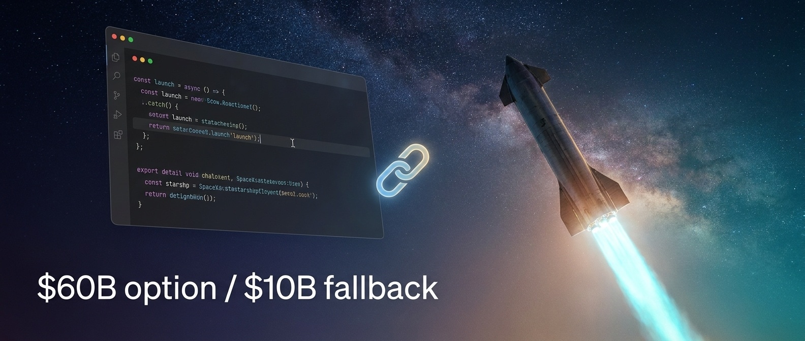 SpaceX 로켓과 Cursor 코드 에디터의 600억 달러 옵션 일러스트