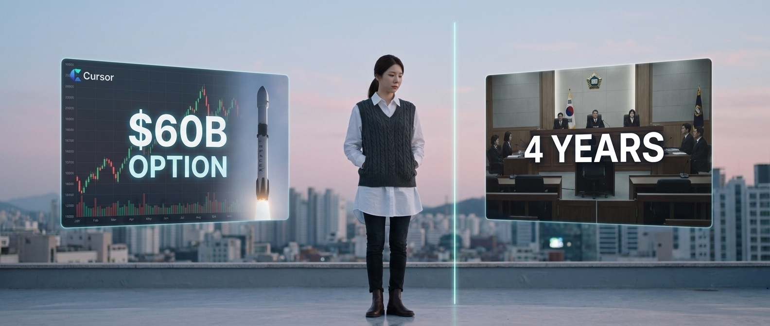 두 화면을 띄워두고 도시 옥상에 서 있는 루나