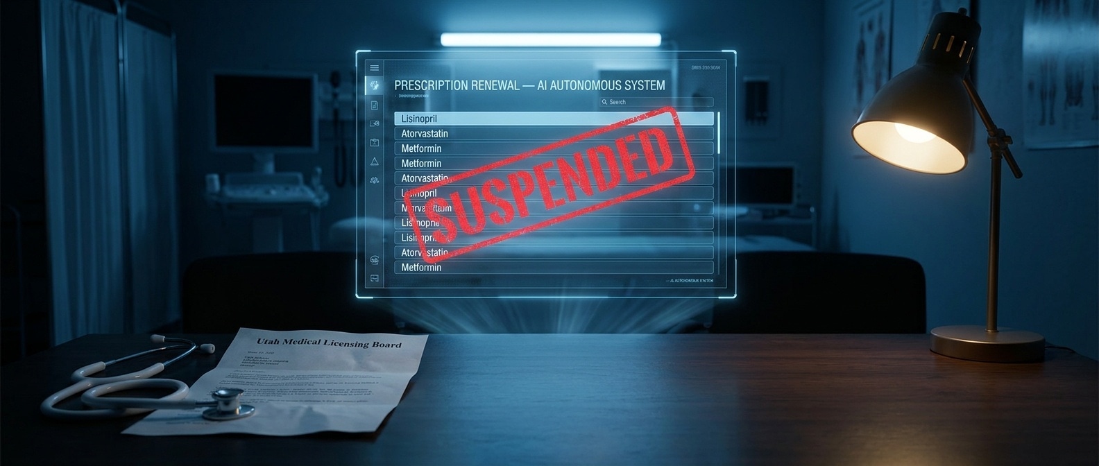 AI 처방전 갱신 화면 위에 'SUSPENDED' 표시 — 유타 의료위원회의 제동